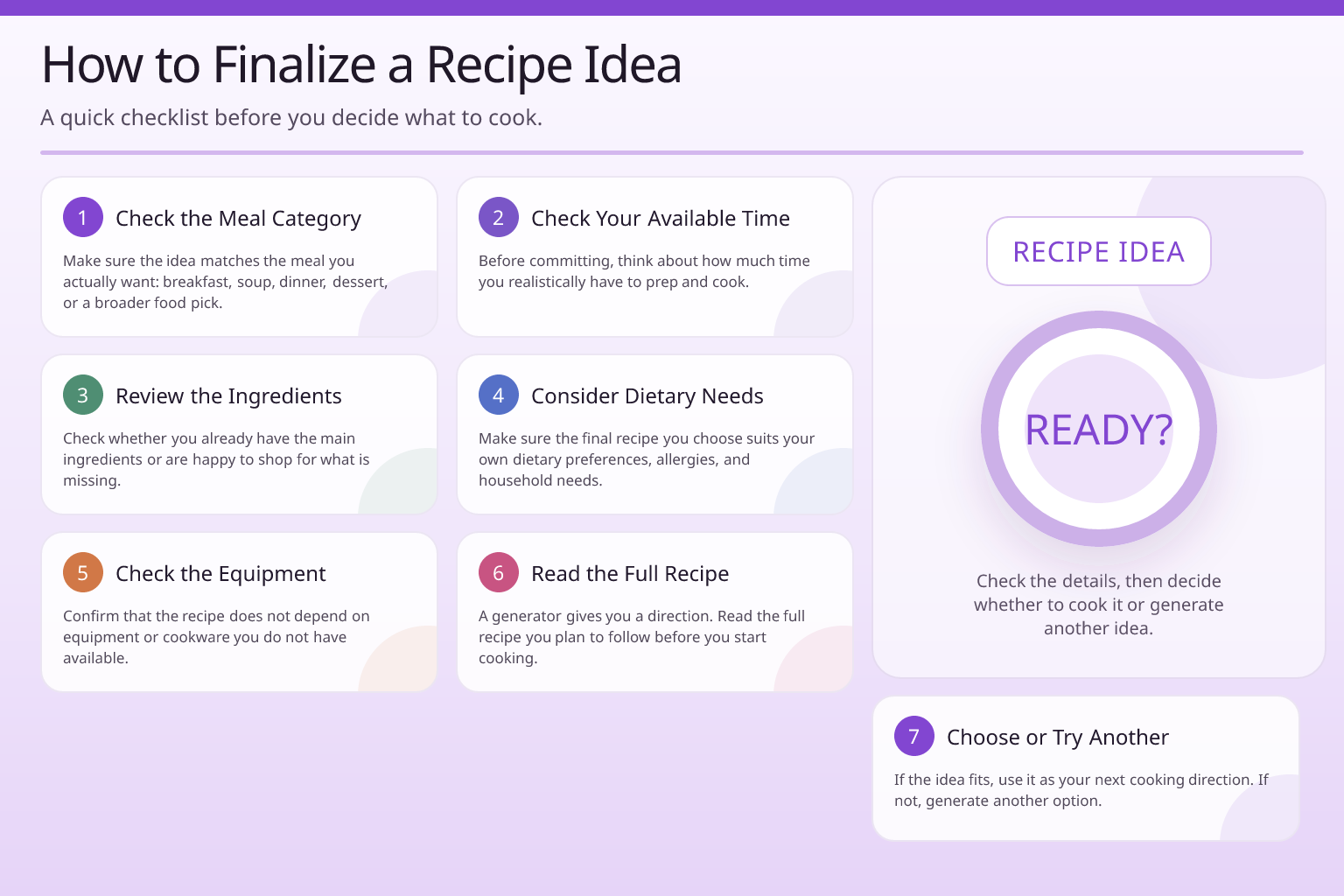 How to Finalize a Recipe Idea infographic with seven practical checks before deciding what to cook