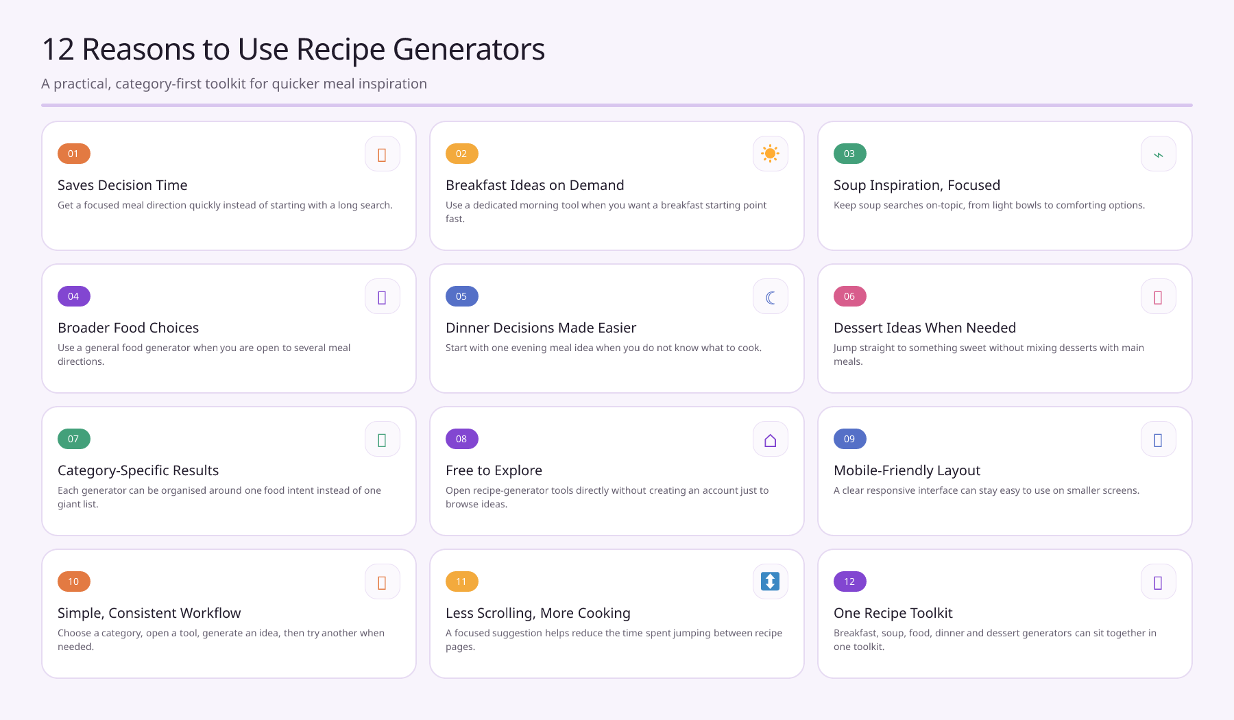 12 Reasons to Use Recipe Generators infographic showing twelve benefits in a three-column card layout