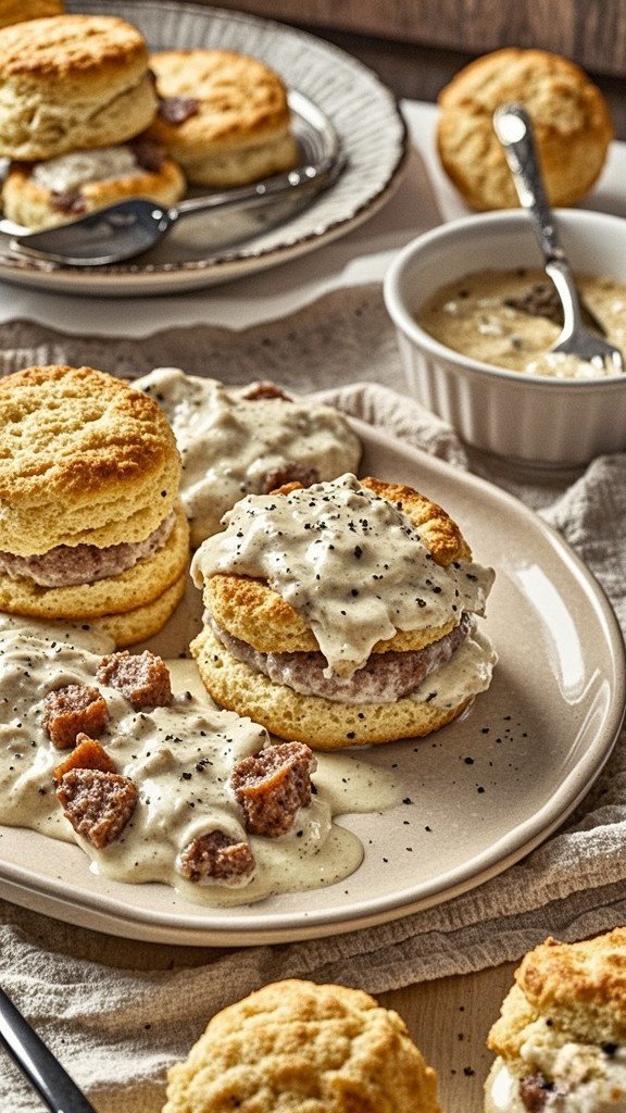 Here's my classic homemade sausage gravy recipe, also known as "sawmill gravy," which requires just 4 ingredients and can be made in about 15 minutes, making it a perfect breakfast staple to enjoy alongside my 5-star foolproof biscuits!