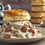 Here's my classic homemade sausage gravy recipe, also known as "sawmill gravy," which requires just 4 ingredients and can be made in about 15 minutes, making it a perfect breakfast staple to enjoy alongside my 5-star foolproof biscuits!