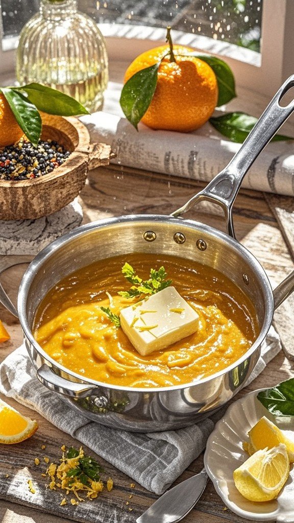 A finished orange sauce in a saucepan, with zest and butter melted in.