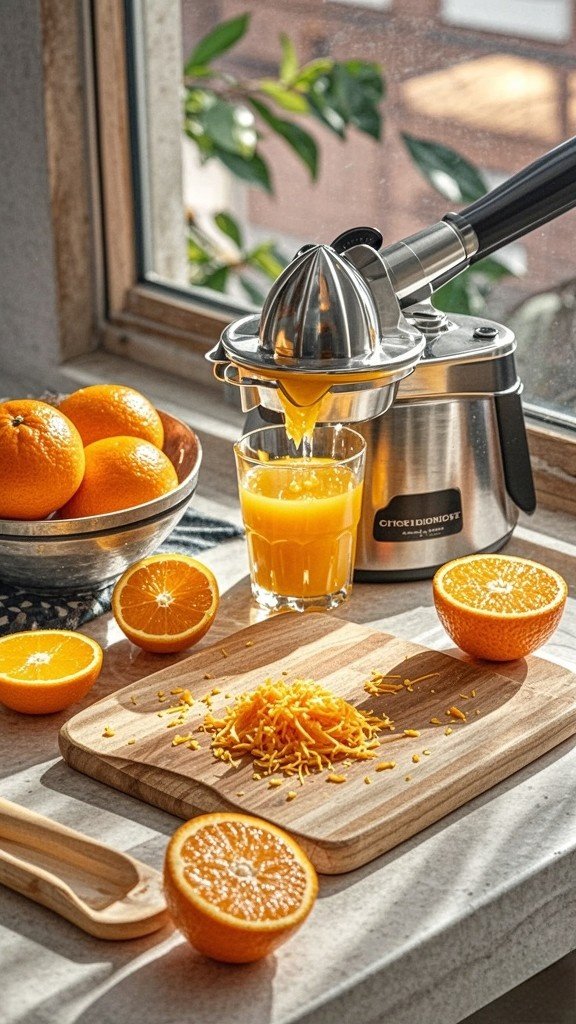 A visually appealing image of a cutting board with fresh, vibrant oranges being zested, with a microplane grater and a small bowl filled with bright orange zest. Include an image of the juicer with orange halves being pressed, and a glass showcasing the freshly squeezed orange juice.