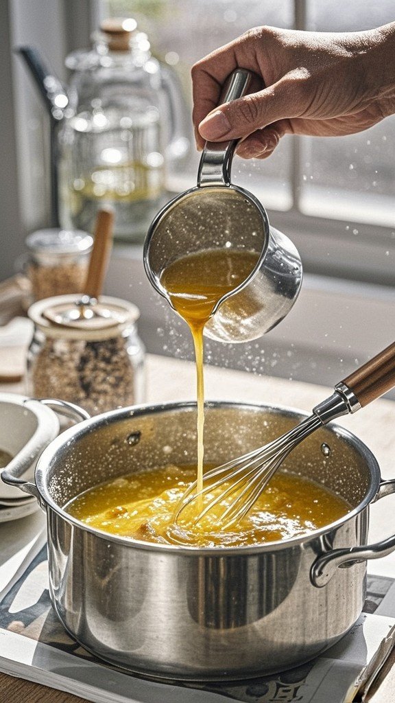 A dynamic image showing chicken stock being poured from a measuring cup into the saucepan, with a whisk in motion, blending the ingredients smoothly. Include a close-up of the simmering mixture to illustrate the texture.