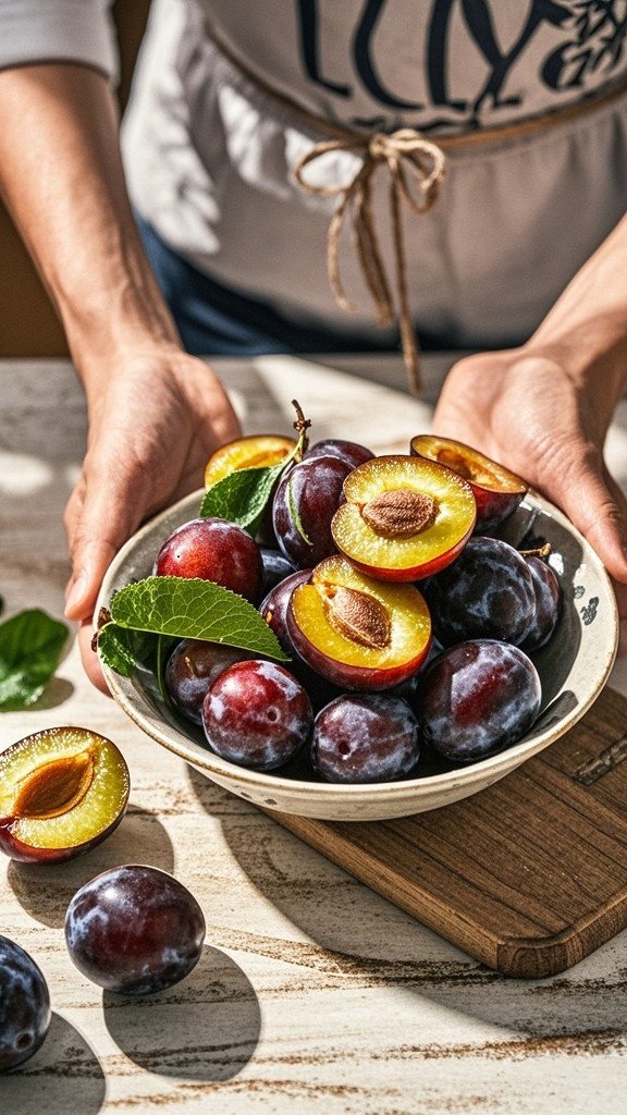 A bowl of fresh ripe plums, halved and pitted, ready for jam making.