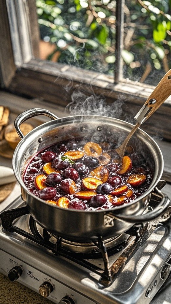 A pot on the stove with the plum mixture heating up.