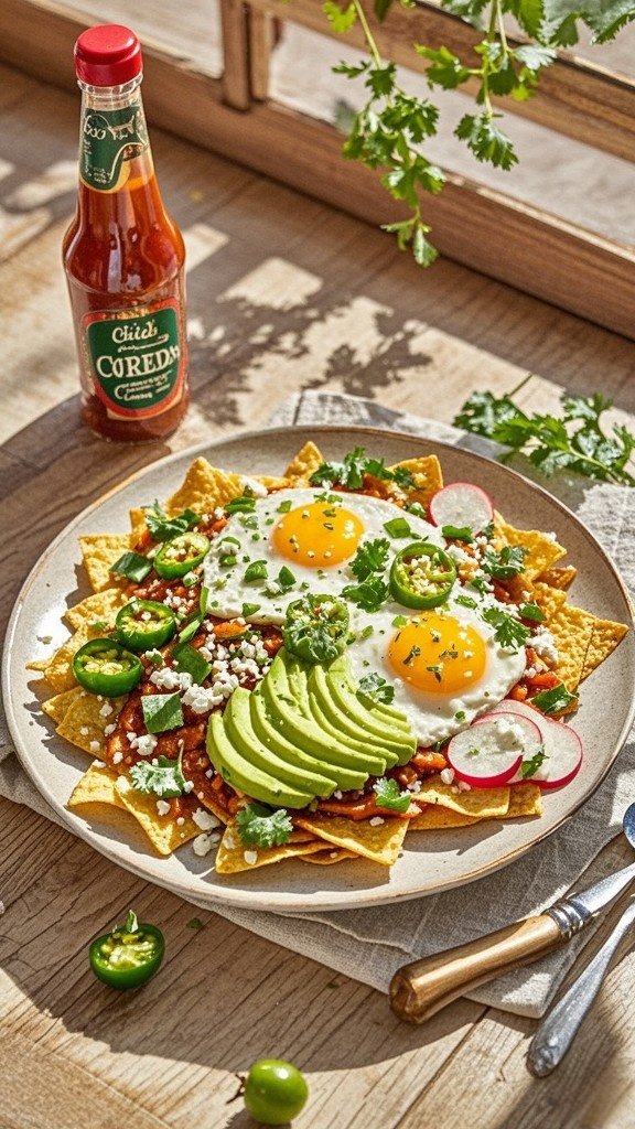 These chilaquiles verdes, topped with fried eggs, make for a delicious breakfast or brunch that you can load up with crema and fresh garnishes before digging in!