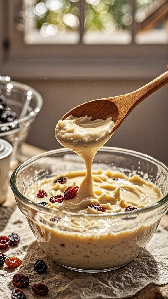 Fold the dry ingredients into the wet mixture until just combined, then stir in the dried fruits