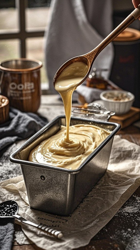 Pour the batter into the prepared loaf tin