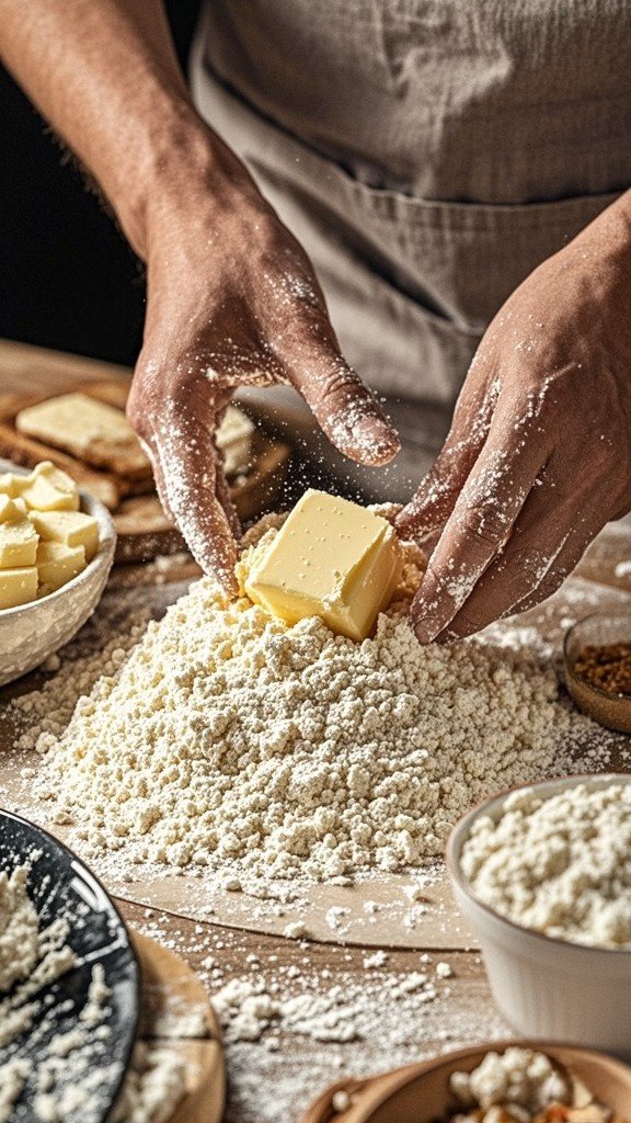 Add the chilled, cubed butter and rub it into the flour mixture until it resembles breadcrumbs.