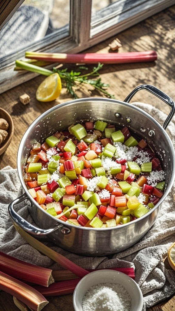  In a large saucepan, combine the chopped rhubarb, granulated sugar, finely chopped ginger, lemon juice, and water