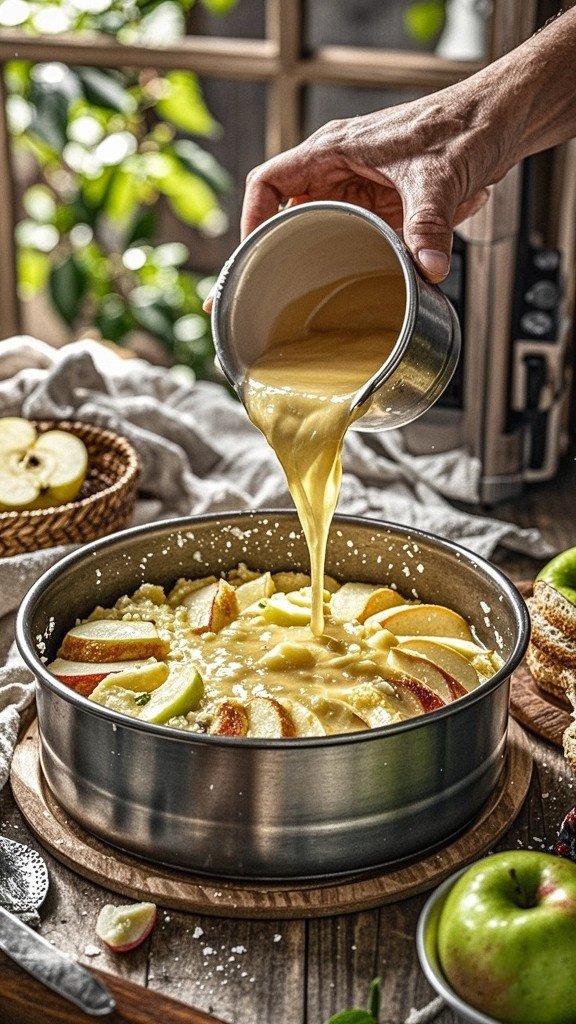 Pour the apple mixture into the lined tin, pressing down gently