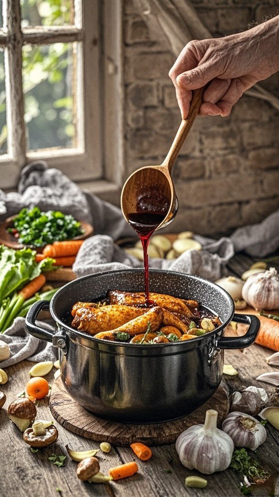 Pour red wine into the pot and scrape the bottom to get all the tasty bits stuck there.