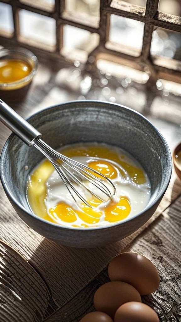 whisk together the eggs, oil, and milk