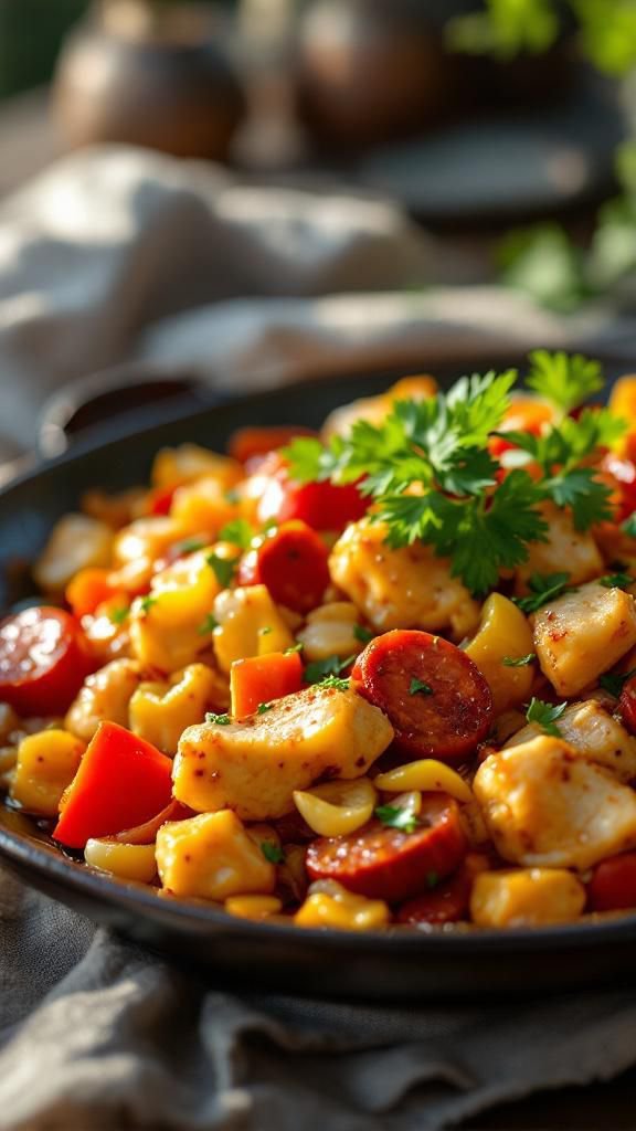 Browning chicken thighs in the paella pan with vegetables and chorizo