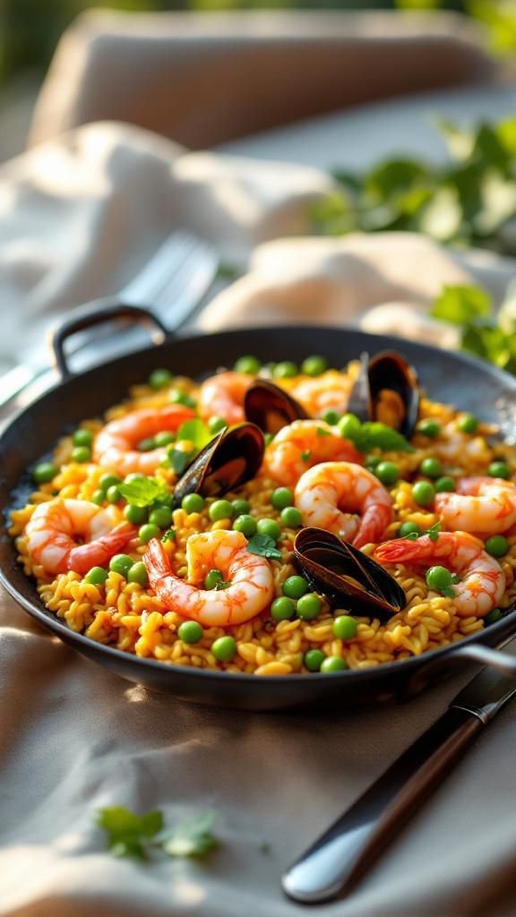 Adding prawns, mussels, and peas to the nearly cooked paella.