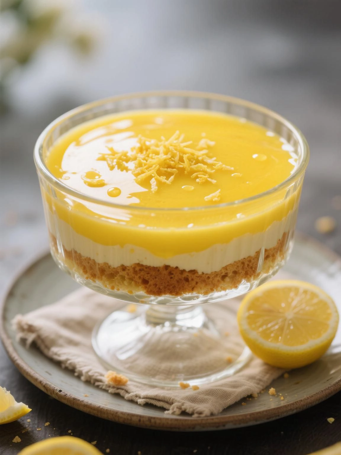 Lemon curd spread over sponge layer with lemon zest on top