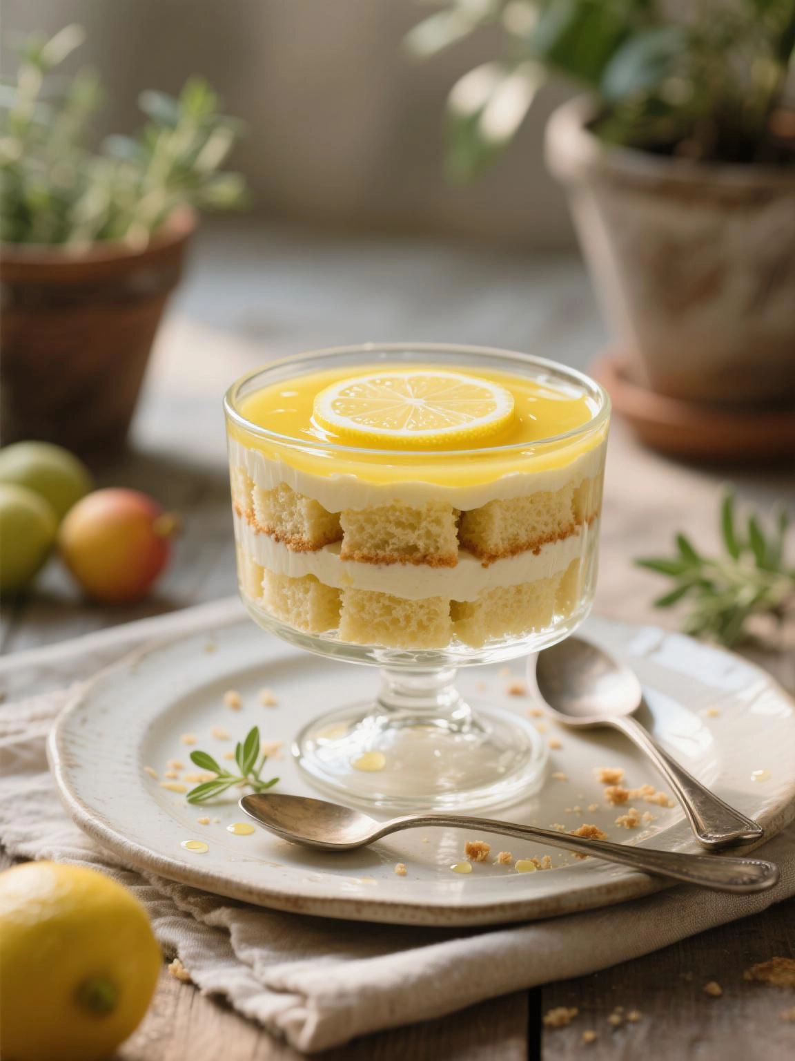 Layered sponge, limoncello, and lemon curd in a glass trifle dish.