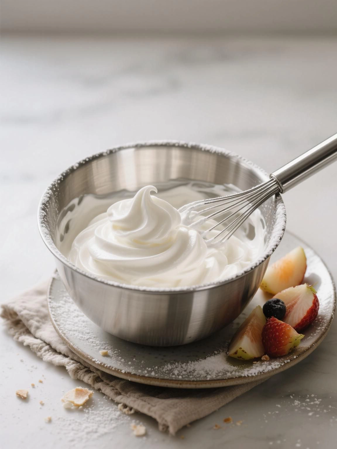 Double cream being whipped into soft peaks with powdered sugar.