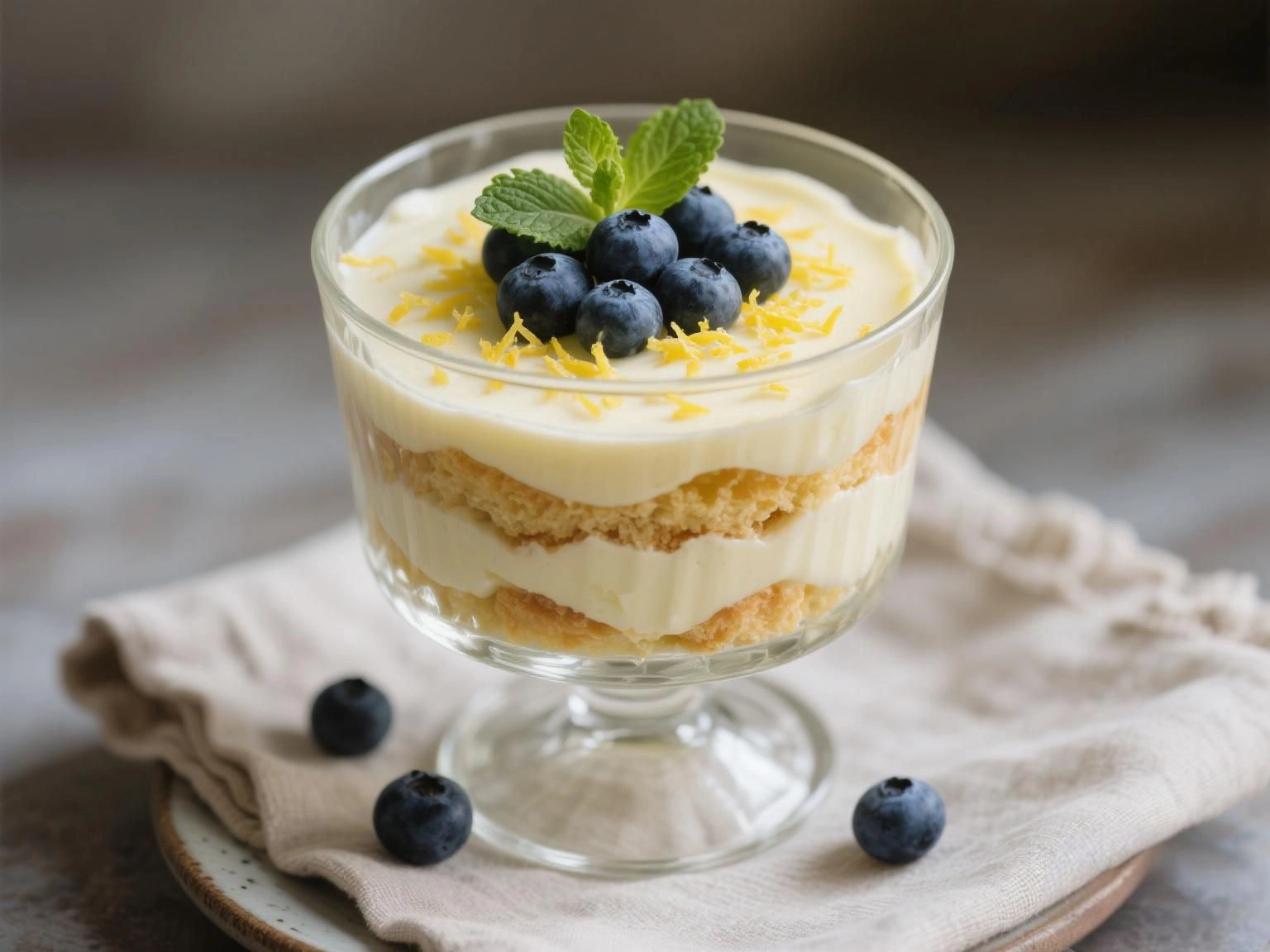 Limoncello trifle garnished with lemon zest, berries, and mint leaves.